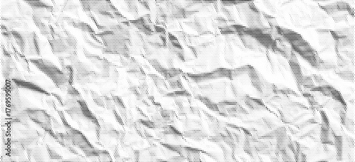 Halftone wrinkled paper pattern. Soft folds and tiny dots create aged newspaper texture. Retro collage with noise overlay for punk art or zine print design.