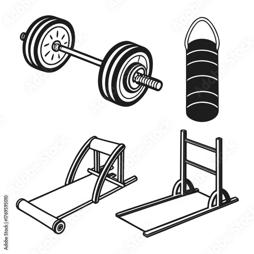 Collection of isometric gym equipment including a barbell punching bag and two types of sleds