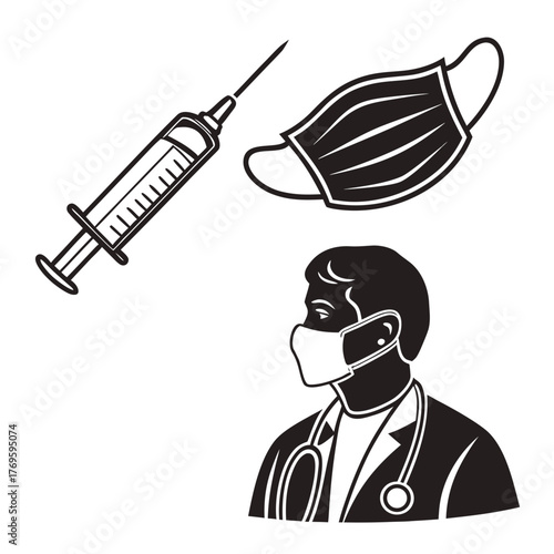 Stylized black and white illustration of a doctor wearing a face mask and stethoscope with a syringe and mask nearby