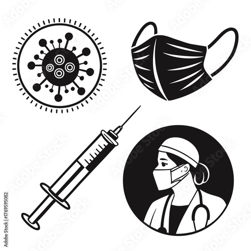 Medical icons representing virus protection vaccination and healthcare professionals fighting disease outbreaks