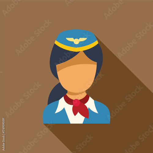 Simple flat illustration of a female flight attendant wearing a uniform, hat, and red scarf