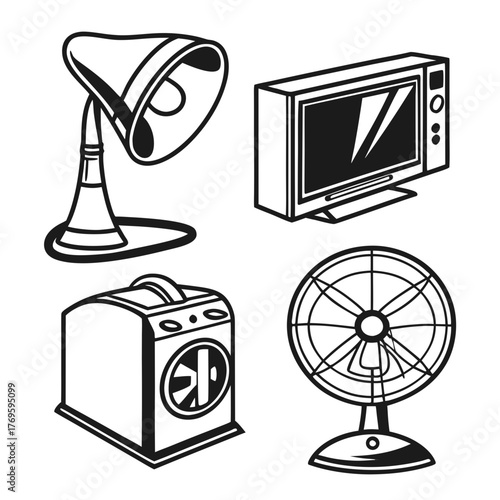 Collection of four black and white isometric illustrations of household appliances including a desk lamp television heater and fan