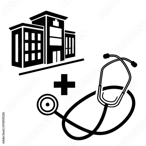 A black and white graphic illustration representing healthcare services with a hospital building and a stethoscope