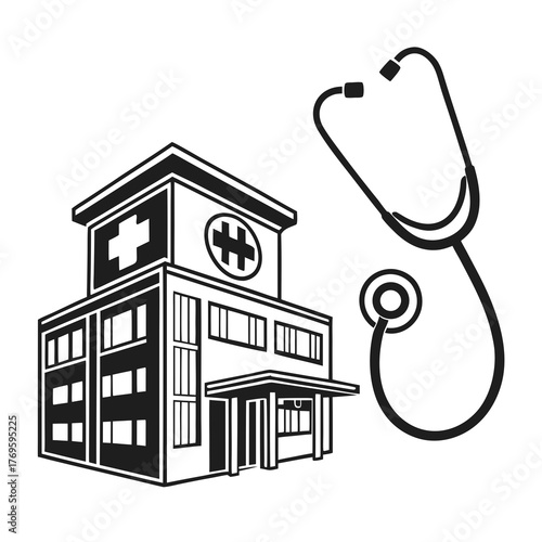 Stylized black and white illustration of a hospital building with a stethoscope symbolizing healthcare and medical services