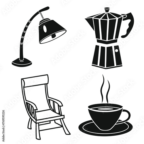 Black silhouette icons of a desk lamp moka pot coffee maker lounge chair and steaming cup of coffee