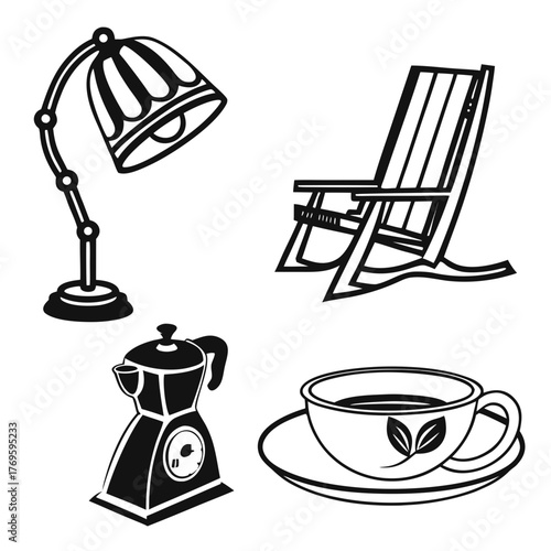 Collection of four black and white graphic icons representing a desk lamp a deck chair a coffee maker and a cup of coffee