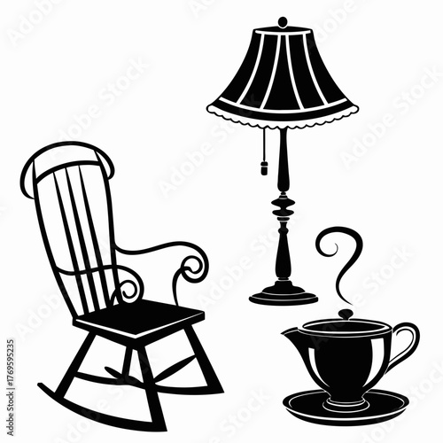 Cozy silhouette of a rocking chair a lamp and a steaming cup of tea on a saucer