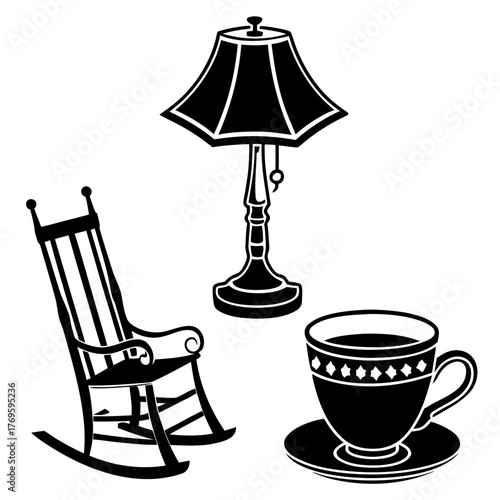 Silhouette of a vintage rocking chair a classic table lamp and a decorative teacup with saucer on a white background