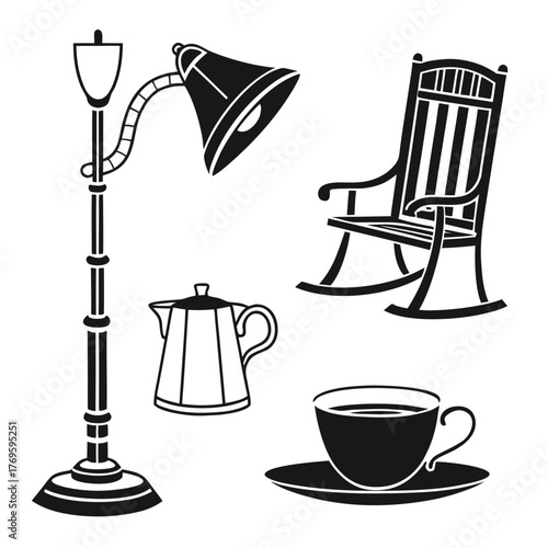 Cozy reading nook elements including a rocking chair desk lamp coffee pot and coffee cup with saucer