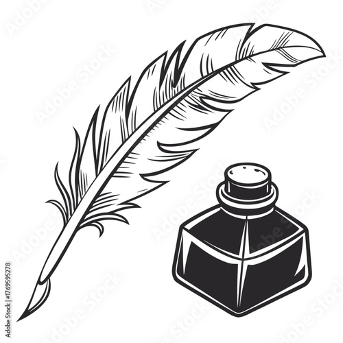 Classic black and white illustration of a quill pen and inkwell representing writing and history