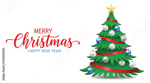 A festive christmas tree adorned with red ribbons, gold star, and ornaments, accompanied by the cheerful greetings of merry christmas and happy new year
