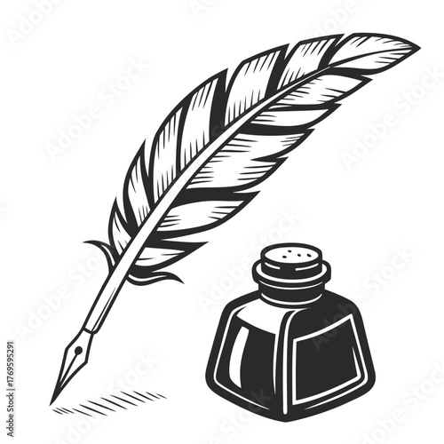 Classic black and white illustration of a quill pen with a metal nib resting next to a small inkwell on a white background