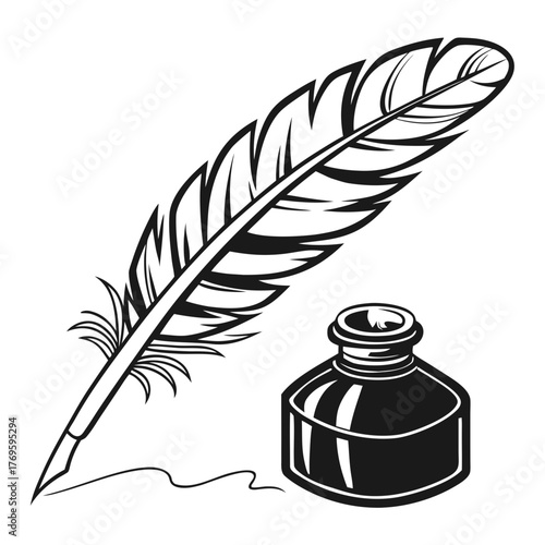 Classic black and white illustration of a quill pen and inkwell with a flowing ink line on a white background
