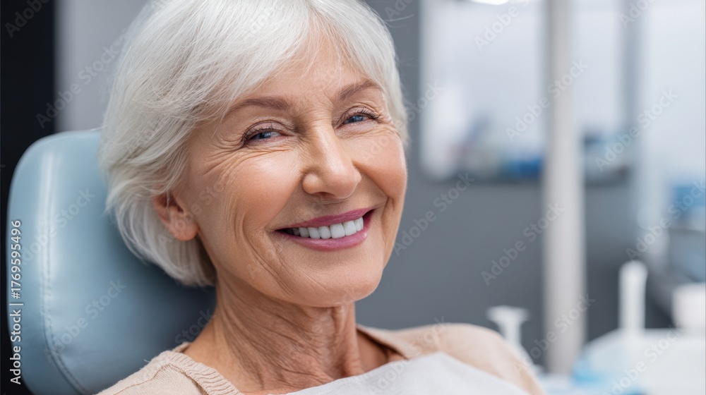 Fototapeta premium Senior woman sits relaxed in a dental chair smiling brightly during her checkup at the clinic.