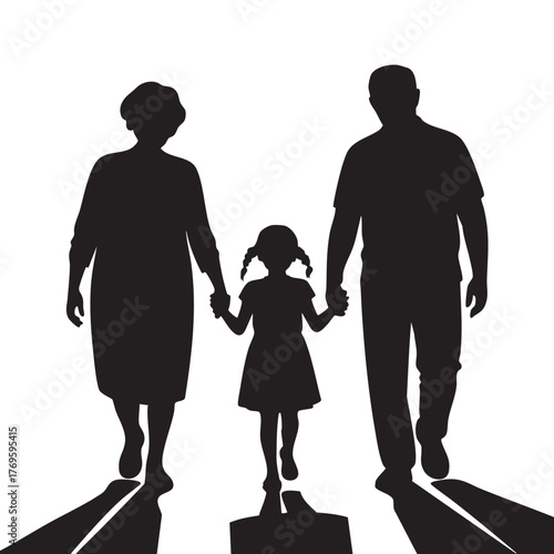 Silhouette of a family with grandparents and a young girl holding hands walking forward