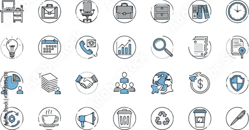 Create kinds of Business Office Circular Line Vector Icon Set on white Background.