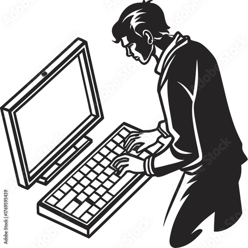 Focused young man in a suit jacket typing on a computer keyboard in a dynamic black and white illustration