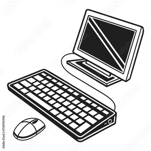 Simple black and white illustration of a computer monitor keyboard and mouse on a white background
