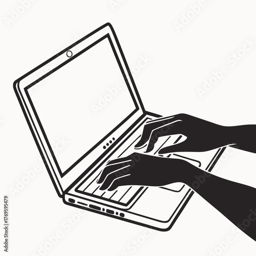Close up of a person s hands typing on a laptop keyboard with a blank screen in a minimalist black and white illustration