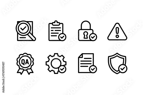 Set of Quality Assurance and Security Icons Representing Protection and Compliance with Magnifying Glass Checklist Lockout and Warning Sign