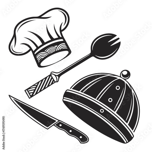 Black and white illustration of a chef s hat a serving spoon a cloche and a chef s knife arranged on a white background