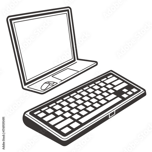 Stylized black and white illustration of an open laptop with a separate keyboard and mouse on a white background