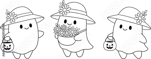 Three cute ghosts wearing hats and carrying pumpkins trick or treating