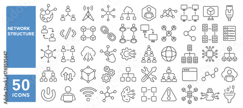 Set of 50 line icons related to network structure, connection, networking, Editable stroke. Vector illustration