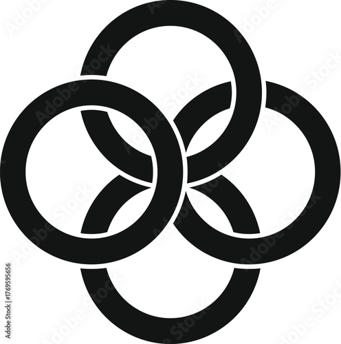 Interlocking circles creating a symmetrical, geometric design, ideal for concepts of unity, connection, or teamwork