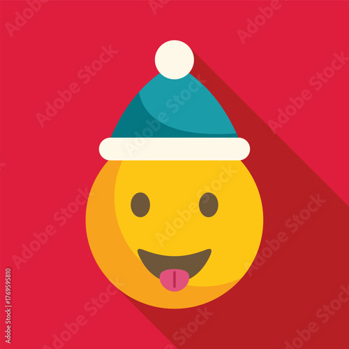 Yellow playful christmas emoji sticking out its tongue and wearing a winter hat