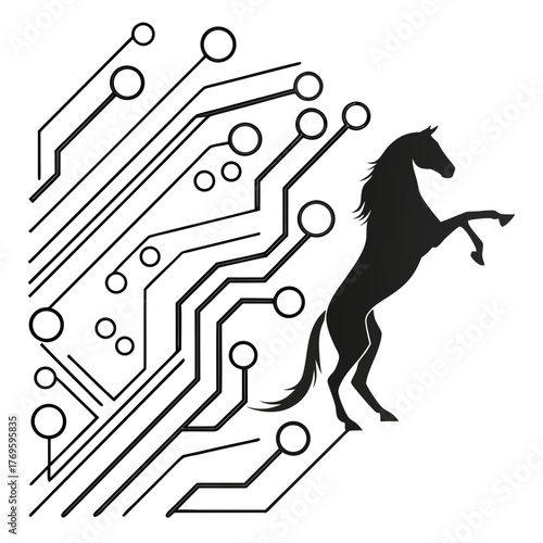 Silhouette of a powerful horse rearing up against a backdrop of abstract digital circuit board lines and nodes