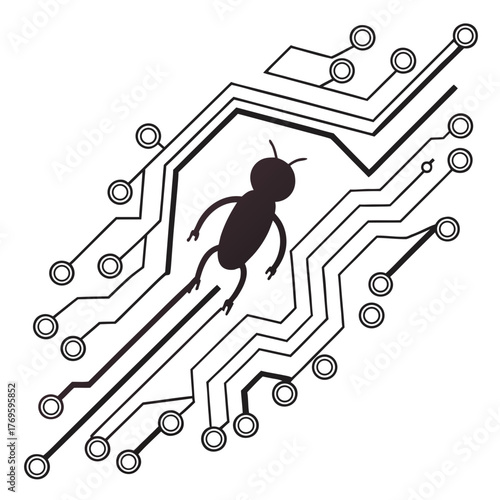 A stylized black ant figure is depicted in motion appearing to surf or glide along the intricate pathways of a digital circuit board