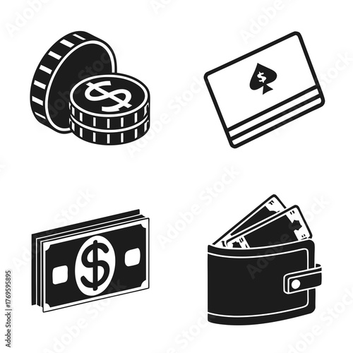 Collection of four isometric icons representing financial elements including coins a credit card banknotes and a wallet