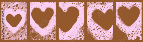 Heart soap foam frame set on pink and brown background. Romantic bubbly detergent stains with grunge soapy surface.