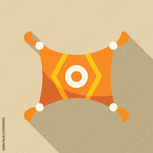 Orange magic carpet flying, featuring geometric patterns and tassels, set against a beige backdrop with a prominent long shadow