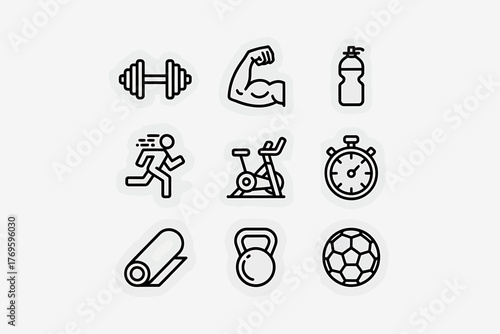 Fitness and Exercise Icon Set Featuring Dumbbell Bicep Runner Stationary Bike Yoga Mat Kettlebell and Soccer Ball