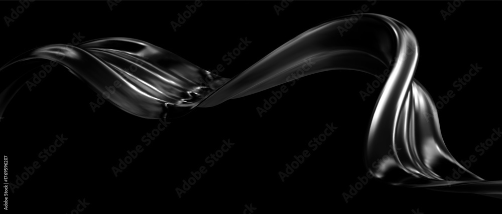 © Doloves - 3d black liquid wave shape on black background. Futuristic gradient element, chrome metal ribbon, hologram wave. Spiral tech bg. Vector illustration