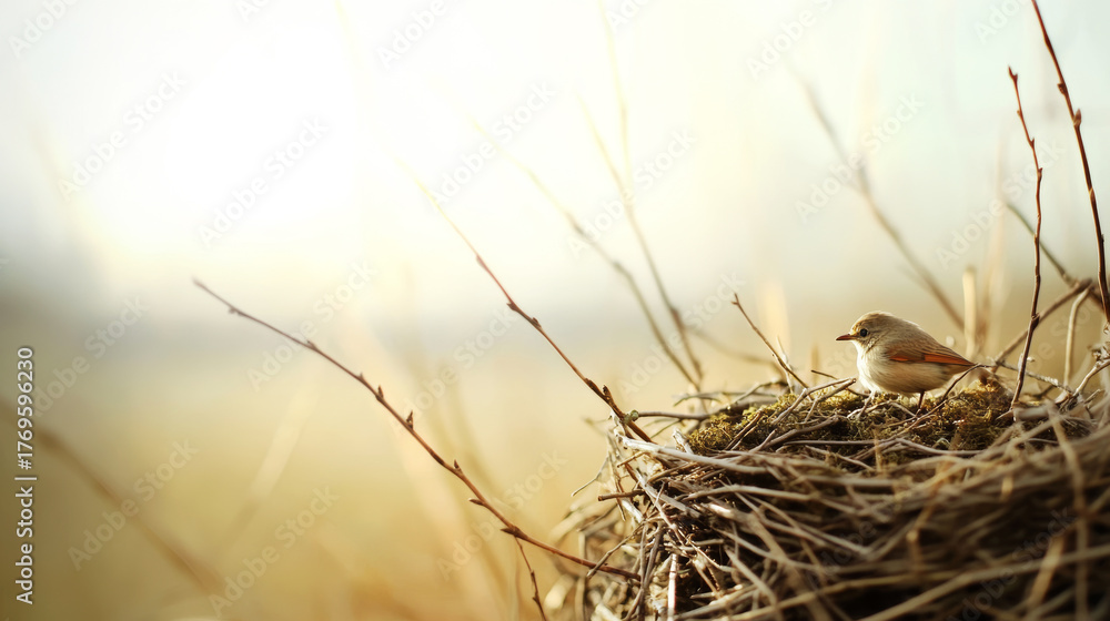 Obraz premium Small bird perching on its natural nest, built with twigs and moss, representing themes of new beginnings, vulnerability, and nature