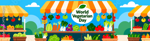 Colorful market stand illustration on solid blue background