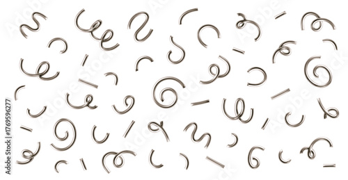 3d chrome line confetti set. Squiggle, spiral, wavy doodle shape, line element isolated. 3d balloon confetti pattern. Doodle kid party decoration. Vector illustration