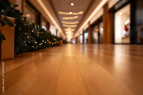 Wallpaper Mural Festive ambiance in shopping center. Illuminated trees and holiday lights. The floor's reflective surface adds warmth to the holiday spirit. A warm invitation to shop. Torontodigital.ca