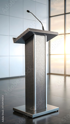 Textured steel podium with microphone in bright room