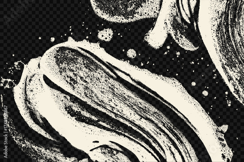 Abstract soap foam brush swirl with soapy water streaks and smooth detergent texture. Artistic shampoo smear and cleaning liquid splash overlay for cosmetic or bathroom design projects.