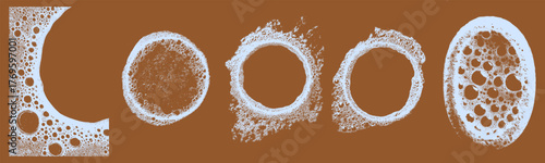 Abstract circular soap foam stains in soapy blue on brown background. Bubbly detergent rings and sponge textures create a retro grunge cleaning design look.