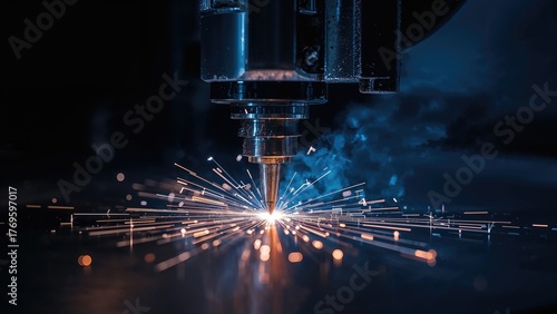 Close-up of a wire EDM CNC machine cutting sample workpieces with glowing edge lighting effect.