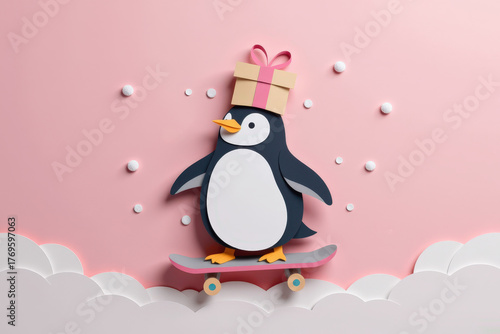 Pastel paper cut, animal paper art for festive Christmas and New year decoration holiday. A playful penguin on a skateboard wearing a gift box on its head, surrounded by snowflakes backdrop.