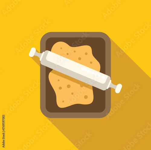 Rolling pin flattening dough on a baking tray, ideal for pastry or cookie making, viewed from above with a yellow background