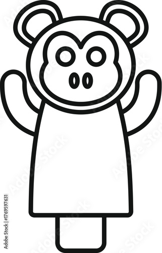 Simple line art illustration of a monkey puppet waving with raised hands