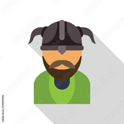 Portrait of a viking warrior wearing a horned helmet and a green tunic