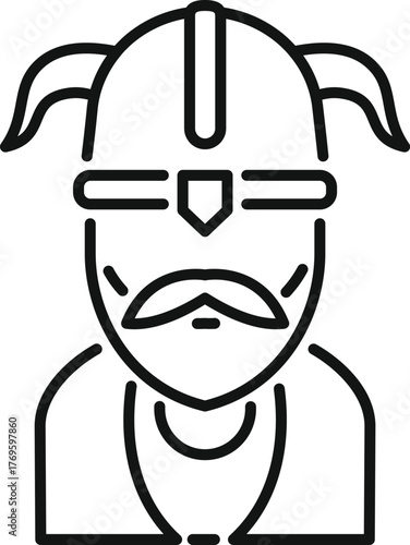 Line drawing of a viking warrior wearing a horned helmet, traditional armor and sporting a mustache